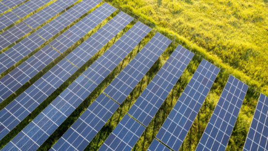 Mehrere Reihen von Solarmodulen verlaufen parallel über eine große, grüne Wiese. Die Module sind rechteckig angeordnet und reflektieren das Tageslicht. Zwischen den Reihen bleibt jeweils ein schmaler Streifen Gras sichtbar.