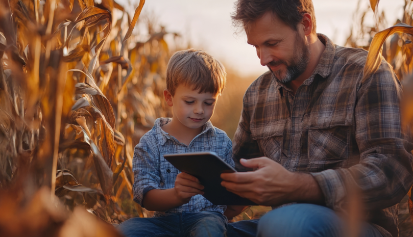 Ein Mann mit Bart und ein Kind sitzen in einem Maisfeld. Beide schauen gemeinsam auf ein Tablet, das der Mann in den Händen hält. Die Szene ist in warmes Licht getaucht, das auf einen Sonnenuntergang hindeutet. Das Kind trägt ein kariertes Hemd, der Mann ein dunkles Oberteil. Im Hintergrund sind hohe Maispflanzen zu sehen.