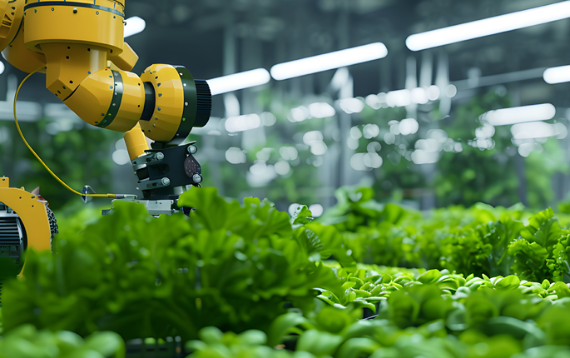 Förderung von Studien Ein gelber Industrieroboterarm mit mehreren Gelenken arbeitet inmitten von dichtem, grünem Salat in einer modernen, hell ausgeleuchteten Gewächshausumgebung. Im Hintergrund sind weitere Pflanzenreihen und unscharfe Lichtleisten zu erkennen. Die Szene vermittelt einen Eindruck von automatisierter Landwirtschaft und moderner Agrartechnologie.
